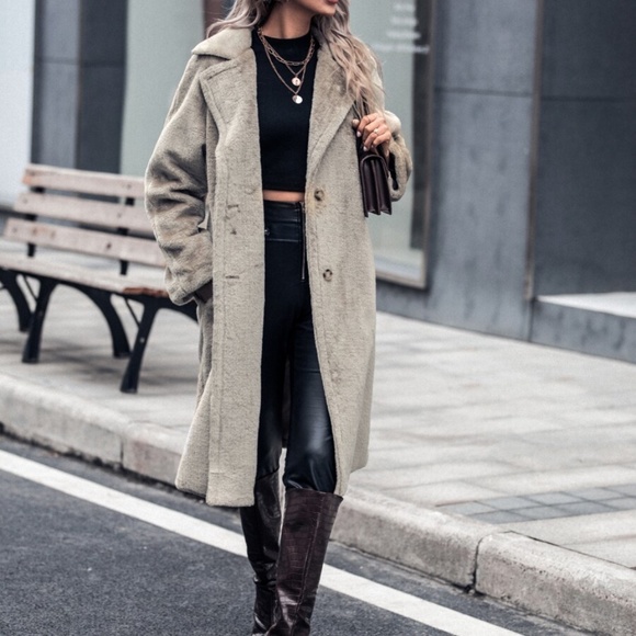 tan button pocket trench coat teddy jacket fall - Picture 4 of 6